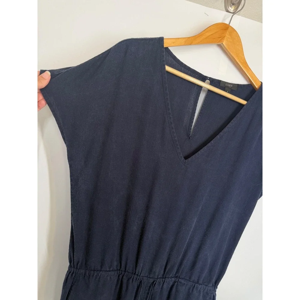 J.‎ Crew Women's Linen Blend Jumpsuit Size S Navy Short Sleeve V Neck Pockets